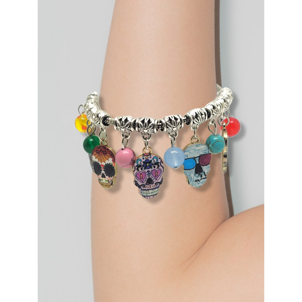 Silver tone Multicolor Sugar Skull Charm Bracelet 7 inch with 2 ext